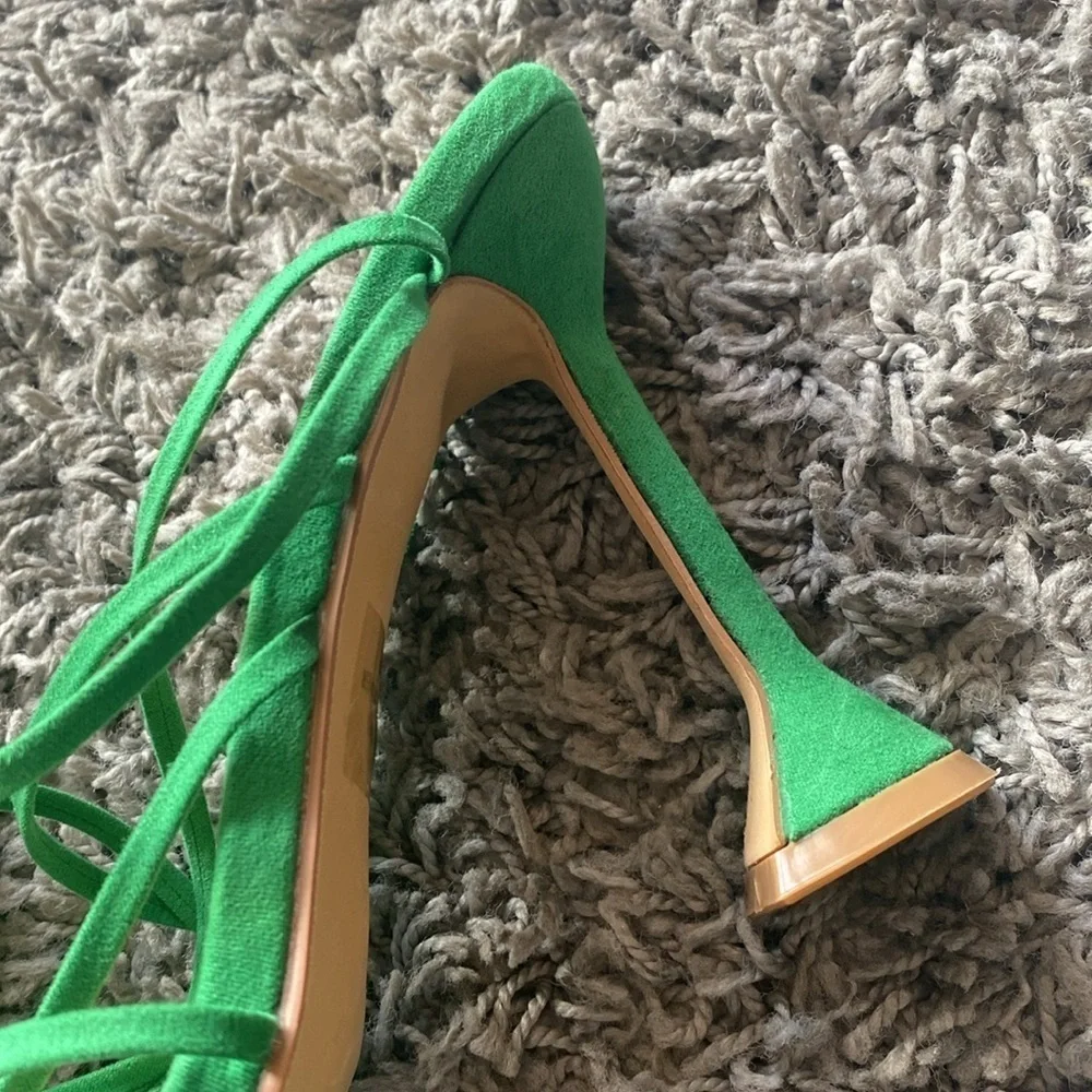 NWOT Fashion Nova Green Faux Suede Pay No Mind Heels Ankle Tie Heels Size 8.5